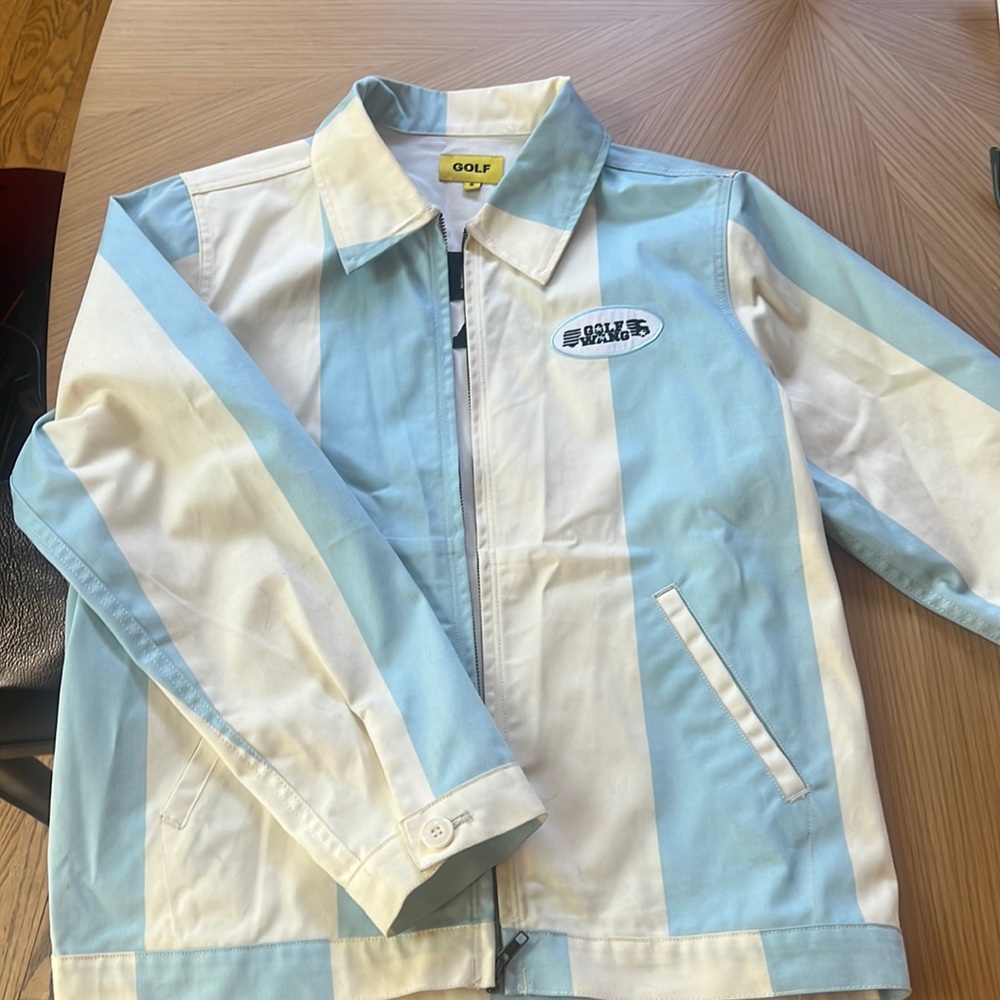 GOLF WANF trucking work jacket blue and cream stripes men’s small